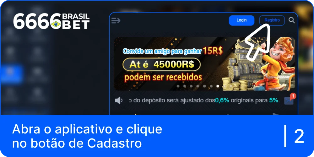 Clicar no botão "Registar" no canto da aplicação 6666bet