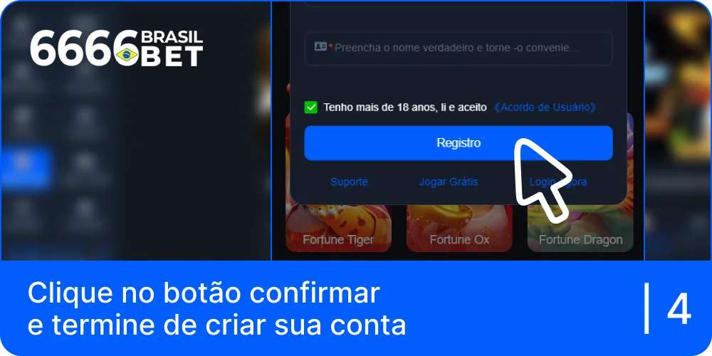 Clique no botão azul e conclua a criação da sua conta 6666bet