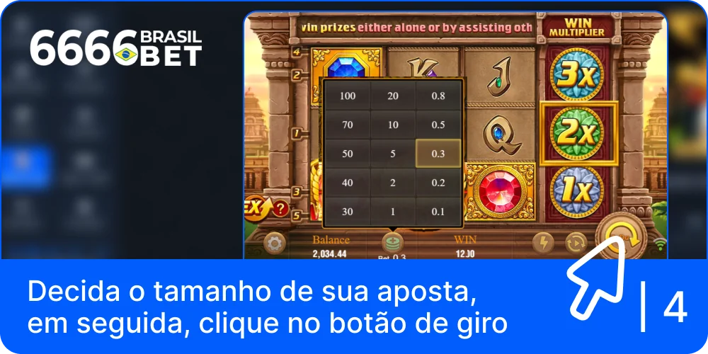 Faça a sua aposta e clique no botão "Spin" para jogar na slot 6666bet