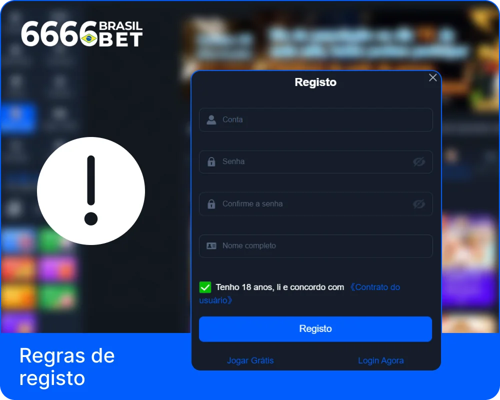 Termos e condições de registo em 6666bet Brasil